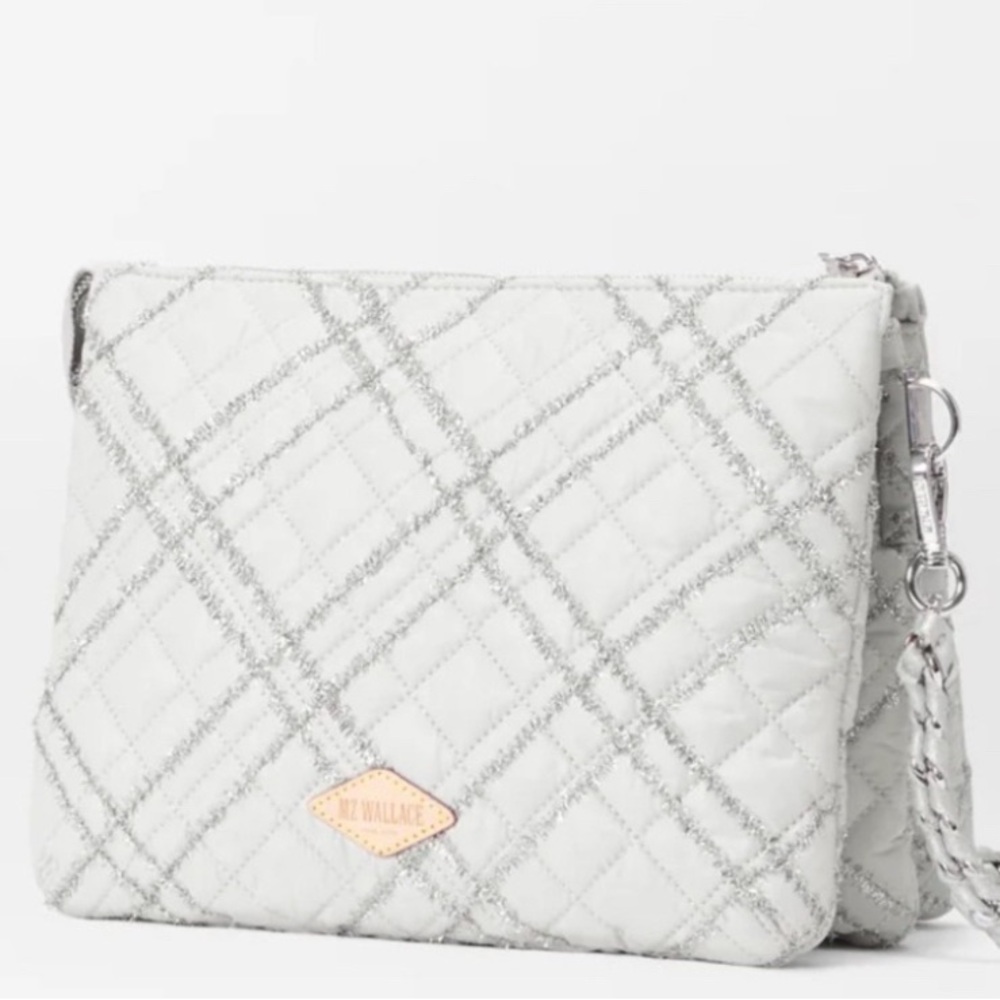 MZ Wallace Quilted White Crossbody Clutch with Silver Trim